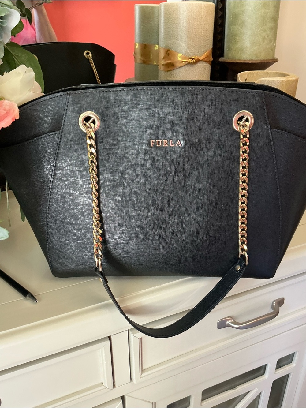 Furla Black Saffiano Leather Chain Tote Shoulder Bag Gold Hardwa